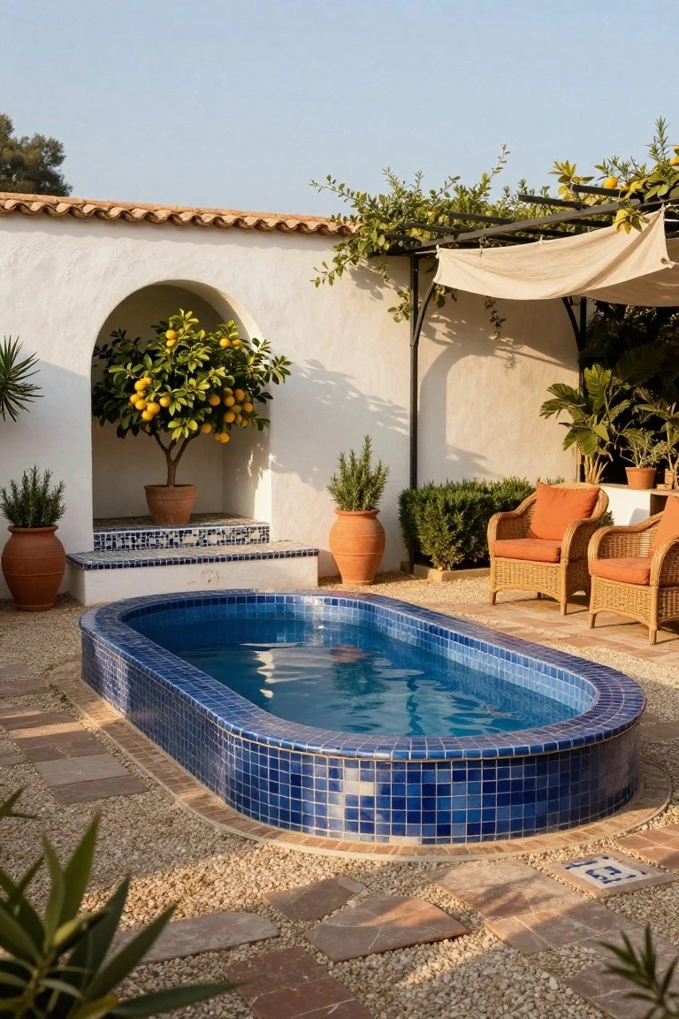 Oval blue-tiled pool in a gravel courtyard with white stucco walls, lemon tree in arched niche, orange-cushioned rattan chairs, terracotta pots, and pergola shade.