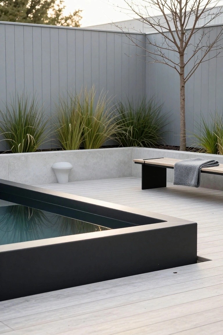 Corner of a modern pool area with black-edged pool, light wood decking, wooden bench with gray blanket and black legs, white orb-shaped planter, grasses in concrete raised bed, gray vertical board fence, and slim tree in background.