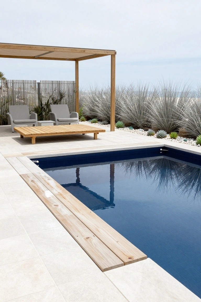 A small rectangular blue pool with a wooden deck edge on one side, surrounded by light stone pavers, a low wooden coffee table and lounge chairs under a pergola, and drought-tolerant grasses and succulents nearby.