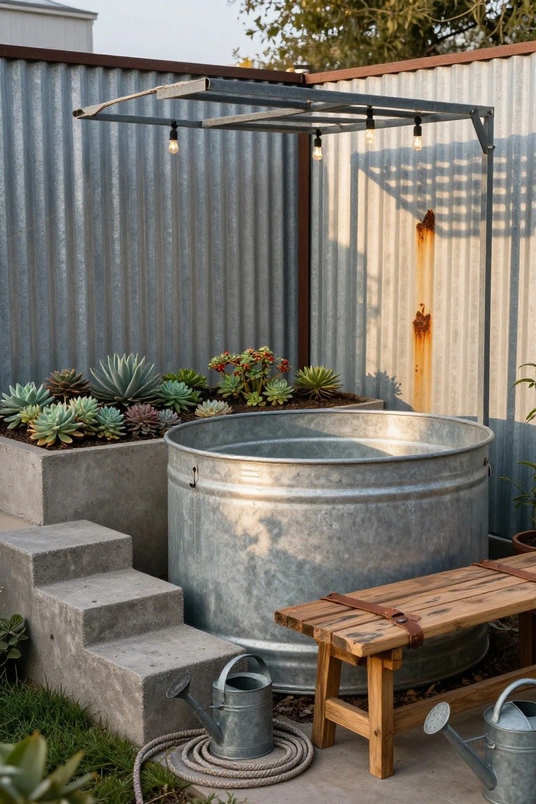 Galvanized metal stock tank pool on concrete base with steps, wooden bench beside it, raised concrete planter of succulents, metal fence backdrop, watering cans, and rope on ground in backyard.