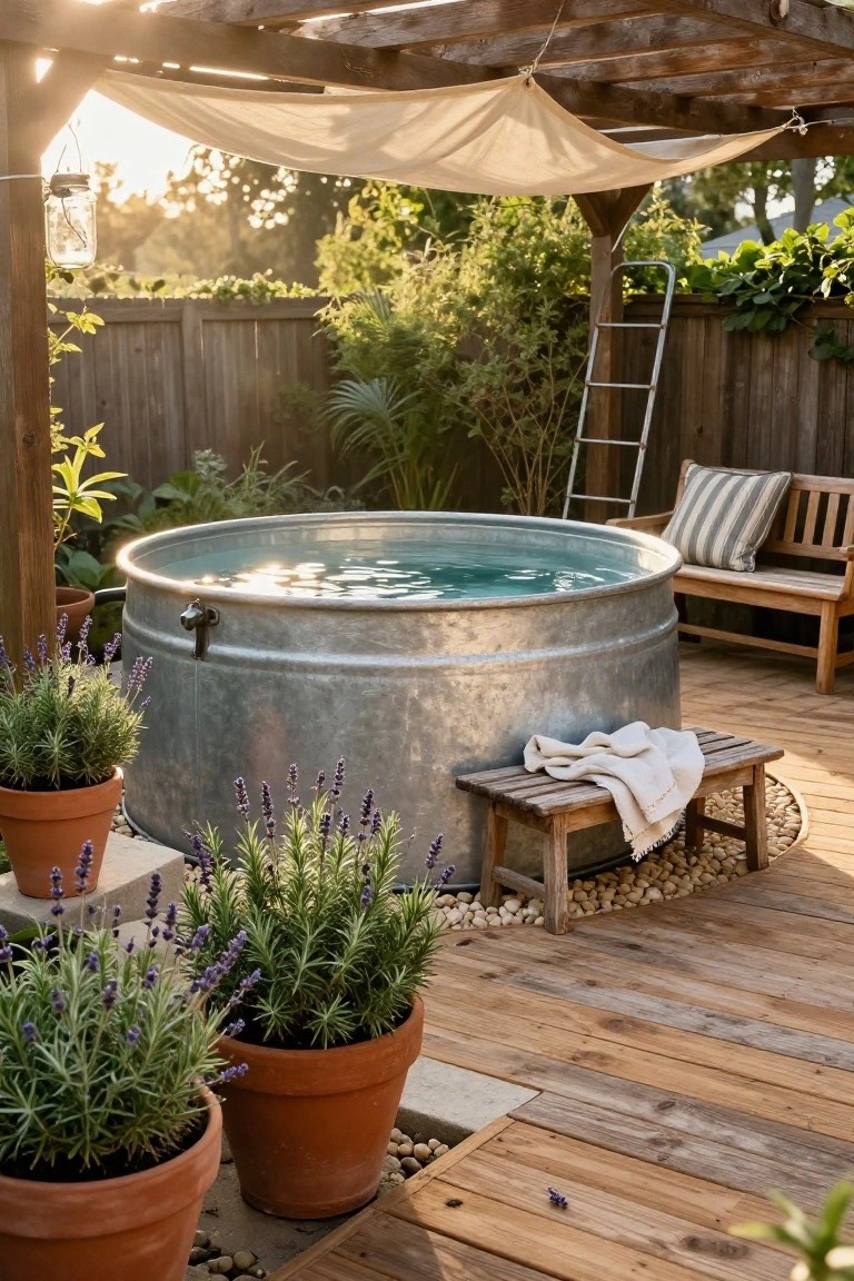 Galvanized stock tank pool on a wooden deck in a backyard, with metal ladder, wooden bench with striped pillow, wooden stool draped with white towel, several potted lavender plants, gravel patches, and pergola with draped beige fabric overhead.