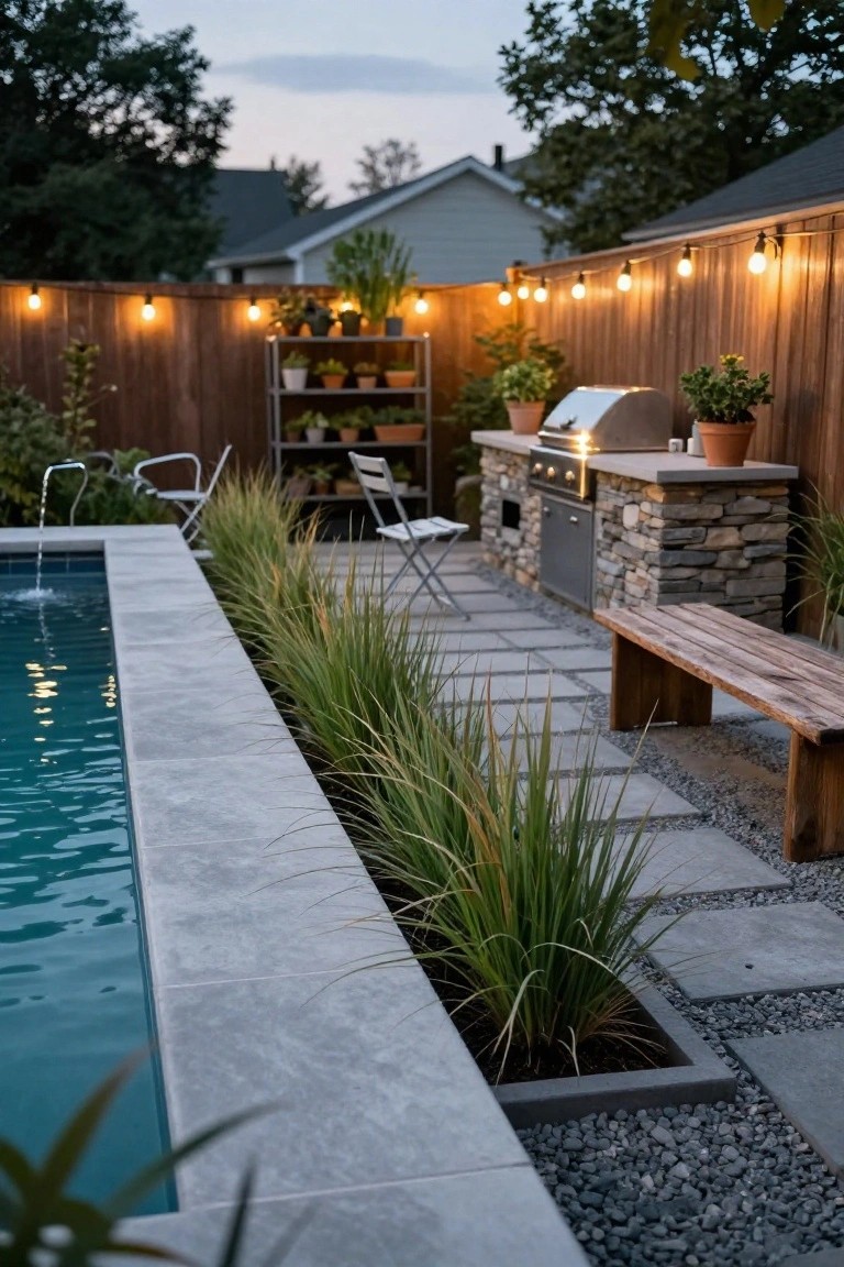 Stock tank pool with gray stone edging and tall grasses along one side, adjacent stone-built outdoor grill station with stainless burners, wooden bench on paver patio, string lights on wooden fence, potted plants nearby.
