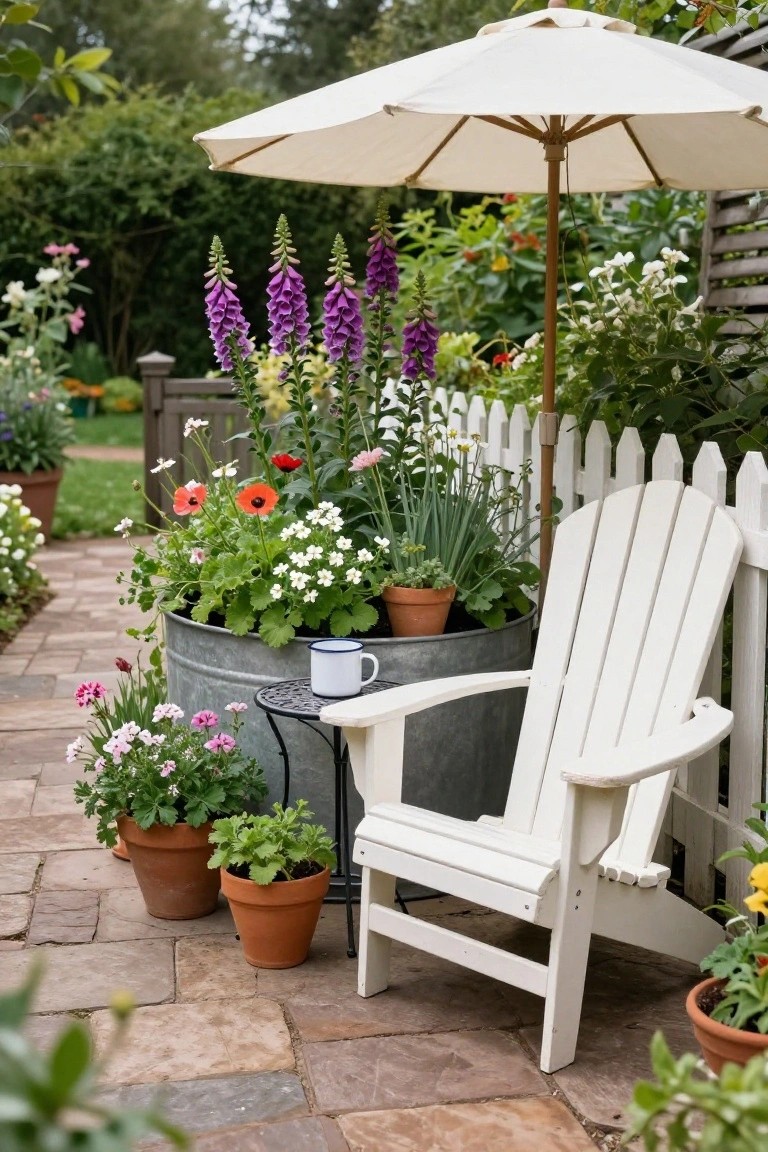 White Adirondack chair positioned next to a large galvanized metal stock tank planter filled with purple foxgloves, red poppies, white daisies, and green foliage, on a stone brick patio path with surrounding potted plants, small metal table holding a white mug, and white picket fence in the background.