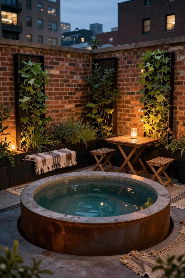Rooftop terrace corner with round rusted metal hot tub, brick walls framed with black trellises supporting climbing green vines, small square wooden table with two stools and candle lantern, potted plants and rugs nearby.