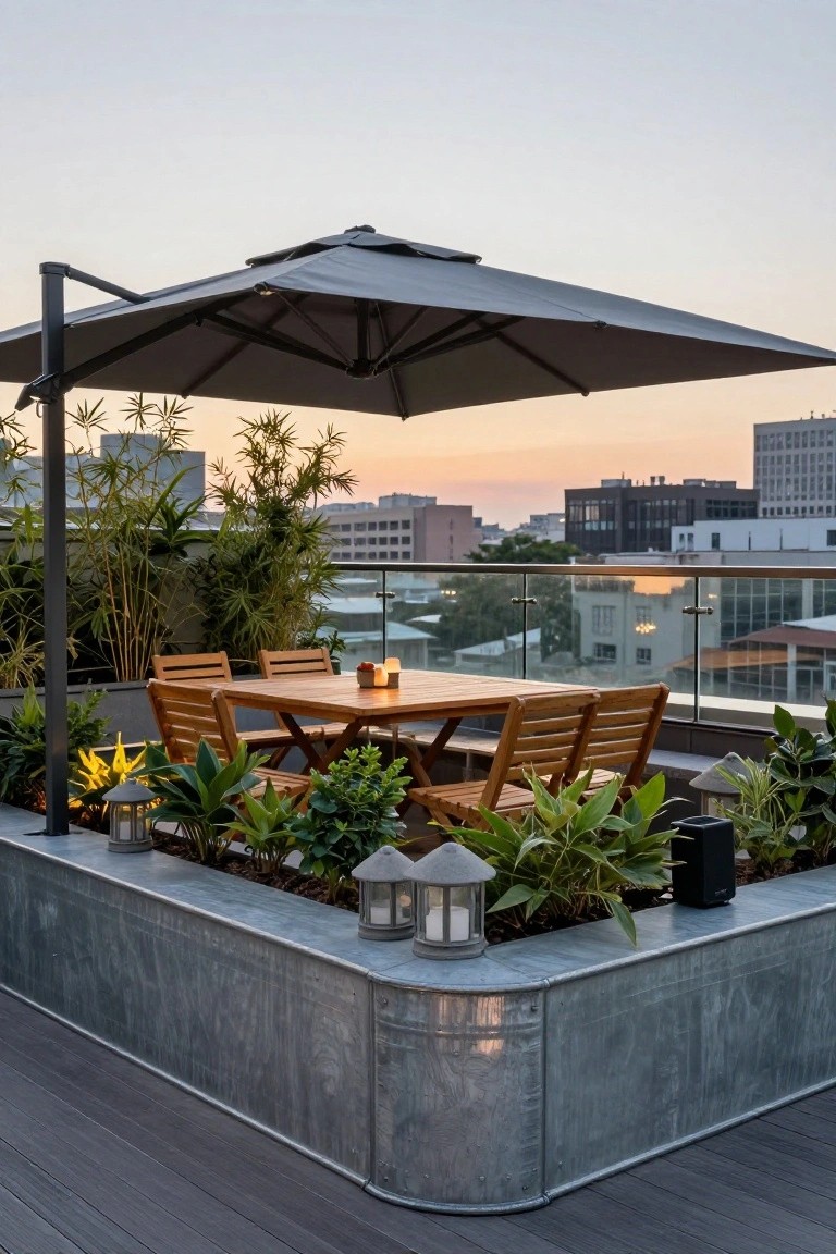 Rooftop terrace deck with wooden dining table, chairs, and gray umbrella, bordered by large galvanized metal troughs planted with bamboo and other greenery, city buildings visible in background at sunset.