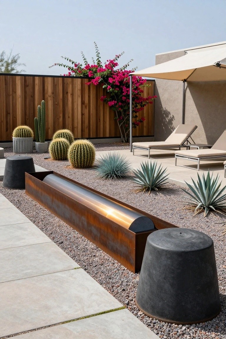 Long rusted metal trough embedded in gravel ground surrounded by barrel cacti, agave plants, black cylindrical stools, lounge chairs under a beige umbrella, wooden fence, and beige stucco wall in a desert landscape.