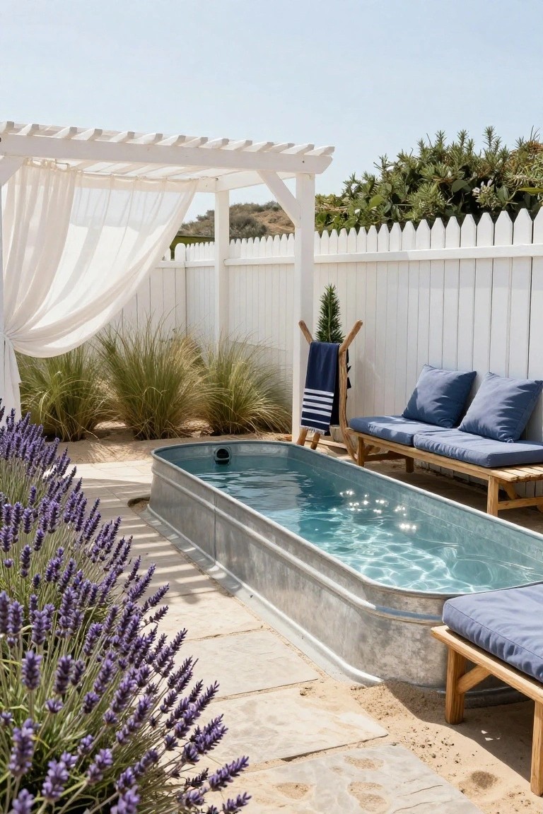 Galvanized stock tank pool filled with water in a backyard, bordered by lavender plants and stone pavers, with wooden lounge benches nearby, white pergola overhead with sheer curtains, and white picket fence behind.