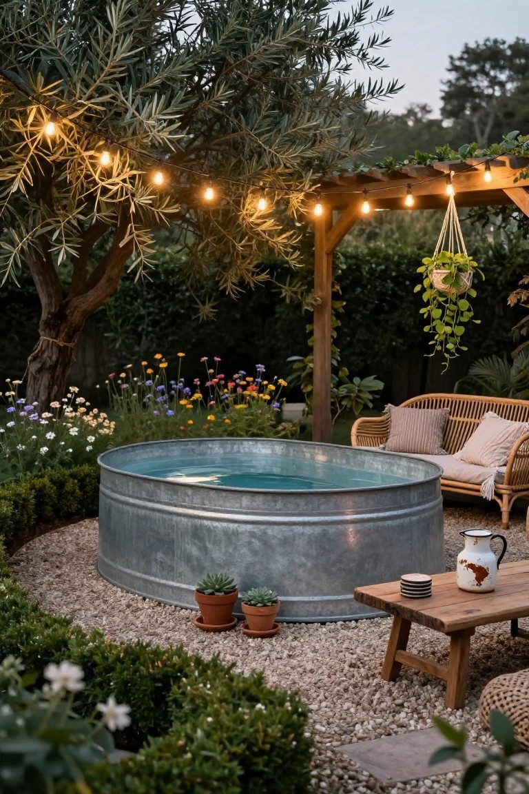 Galvanized metal stock tank pool filled with water in a gravel garden area, framed by a wooden pergola with hanging string lights, surrounded by plants, flowers, boxwood hedges, an olive tree, rattan sofa, and wooden table with pots and jug.