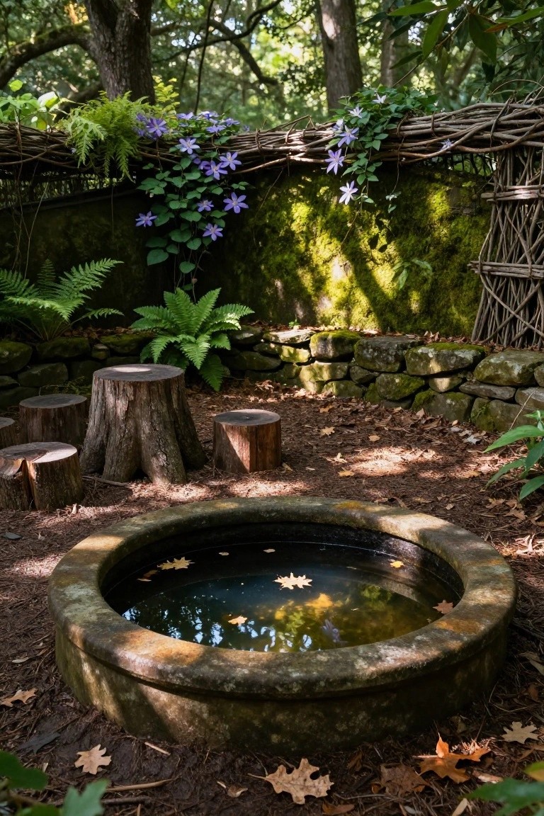 Stone basin pool with floating leaves surrounded by tree stump seats on dirt ground, next to a mossy stone wall with ferns, purple clematis vines on woven fence, and trees in background.