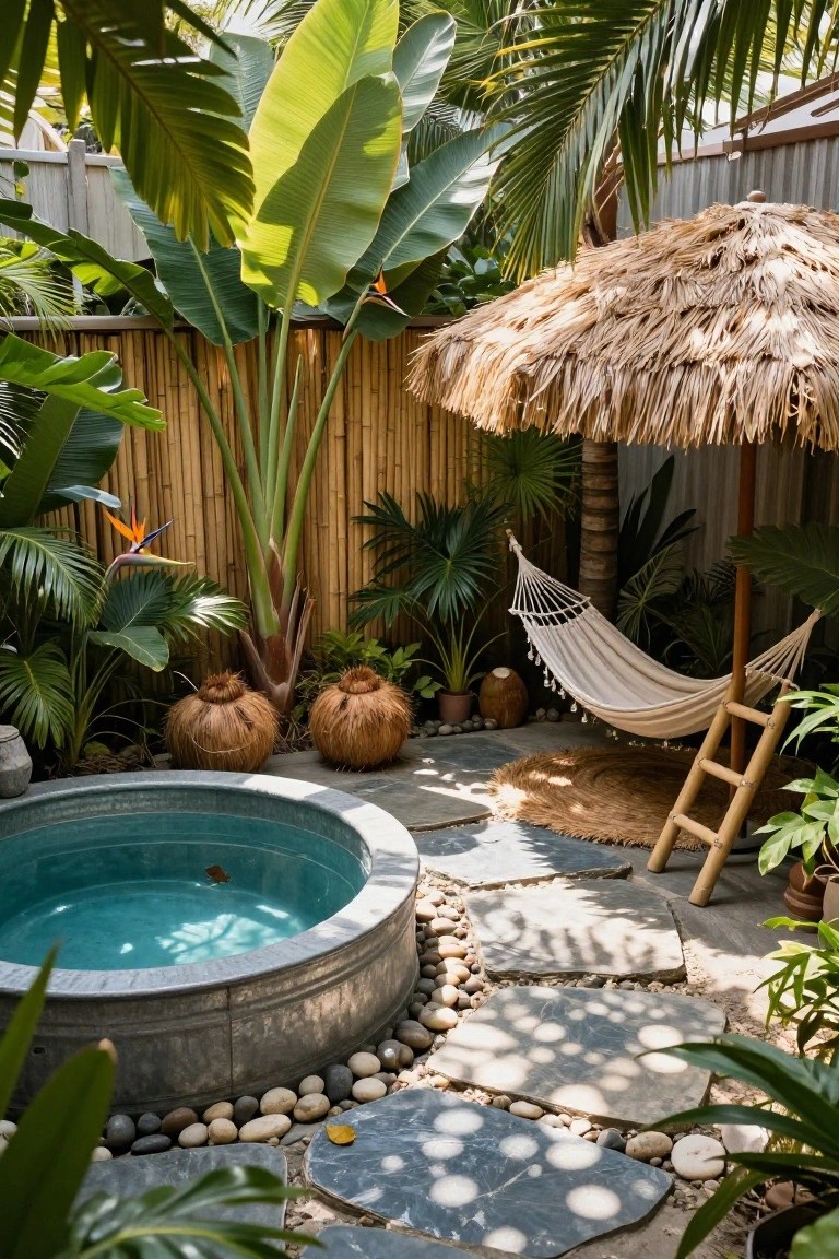 Turquoise stock tank pool centered in a lush tropical backyard with banana plants, bamboo fencing, bird-of-paradise flowers, white hammock under thatched umbrella, stone path, and pebble accents.