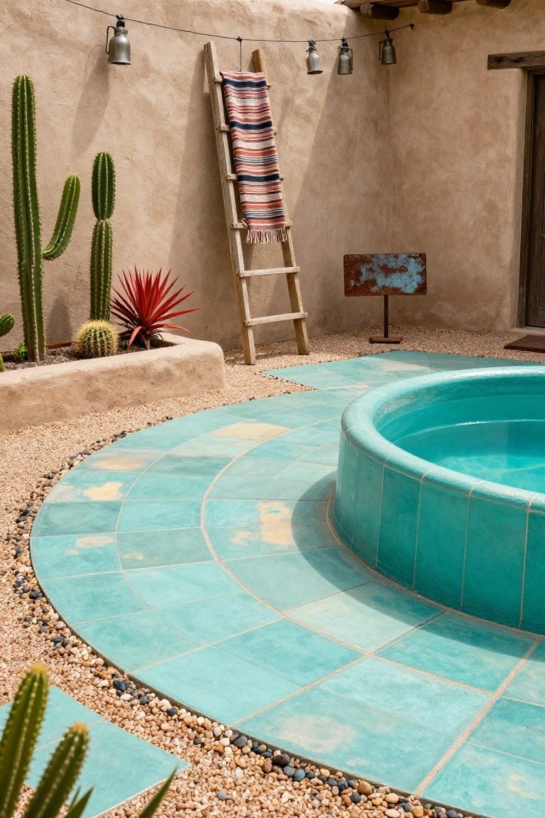 Round turquoise-tiled stock tank pool in an adobe-walled outdoor patio with gravel surround, cacti plants, wooden ladder draped with blanket, and metal lanterns on strings.