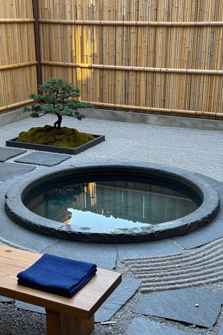 Circular stone pool centered in a zen garden with raked white gravel, bonsai tree on moss mound in black tray, bamboo fence, slate stepping stones, wooden bench holding folded blue towels.