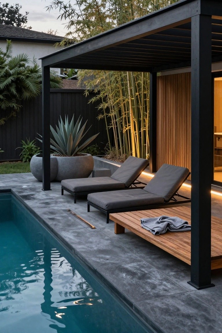 18 Charming Backyard Pool Pergola Ideas That Complete the Space Black metal pergola sheltering two gray loungers next to a turquoise pool, with bamboo plants, potted agave, wooden side table, and concrete decking.