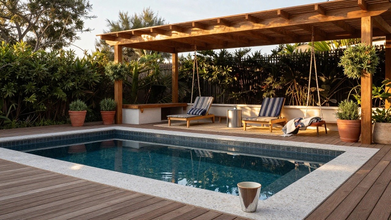 Wooden pergola covering a rectangular pool with blue-and-white striped loungers, a hanging rope swing, potted plants, and trees in a backyard at sunset.