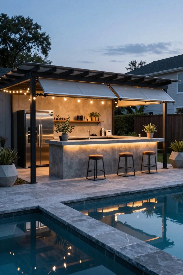 18 Charming Backyard Pool Pergola Ideas That Complete the Space Outdoor kitchen bar with polished concrete countertop, under-bar lighting, stainless steel fridge, potted plants, bar stools, string lights, and retractable shades under a metal pergola next to a rectangular pool with tiled decking.