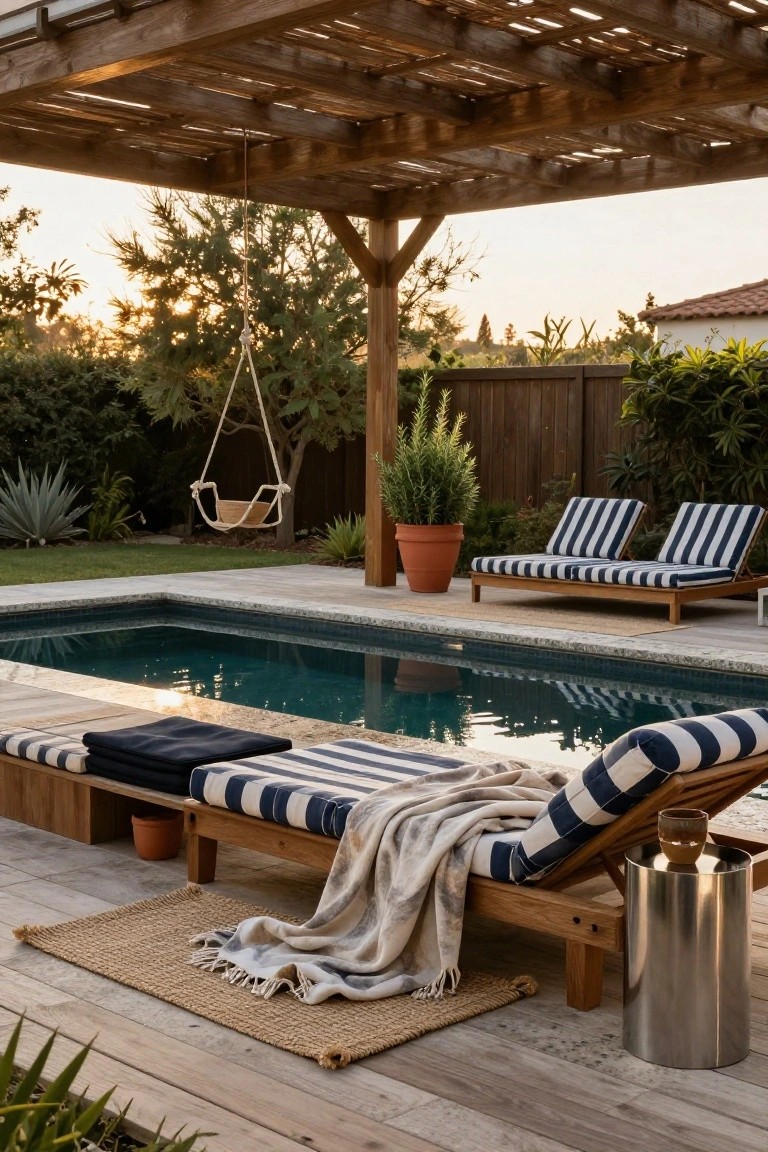 18 Charming Backyard Pool Pergola Ideas That Complete the Space Wooden pergola covering a rectangular pool with blue-and-white striped loungers, a hanging rope swing, potted plants, and trees in a backyard at sunset.