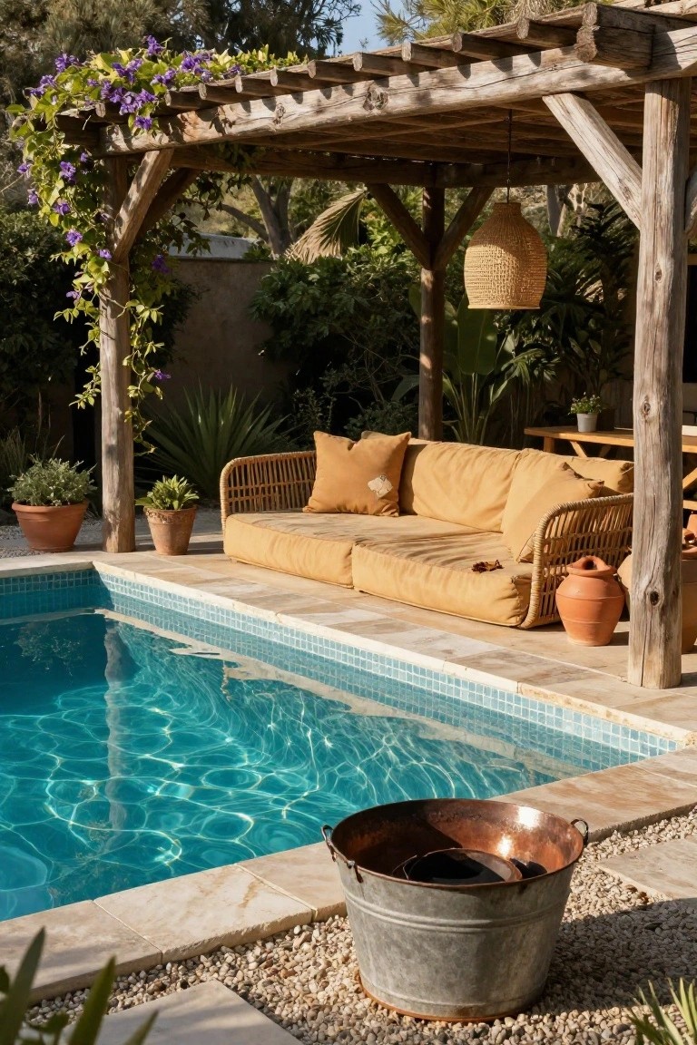 18 Charming Backyard Pool Pergola Ideas That Complete the Space Rustic wooden pergola with purple climbing vines shading a beige rattan sofa next to a turquoise poolside, with potted plants, terracotta pots, and a copper bucket nearby.