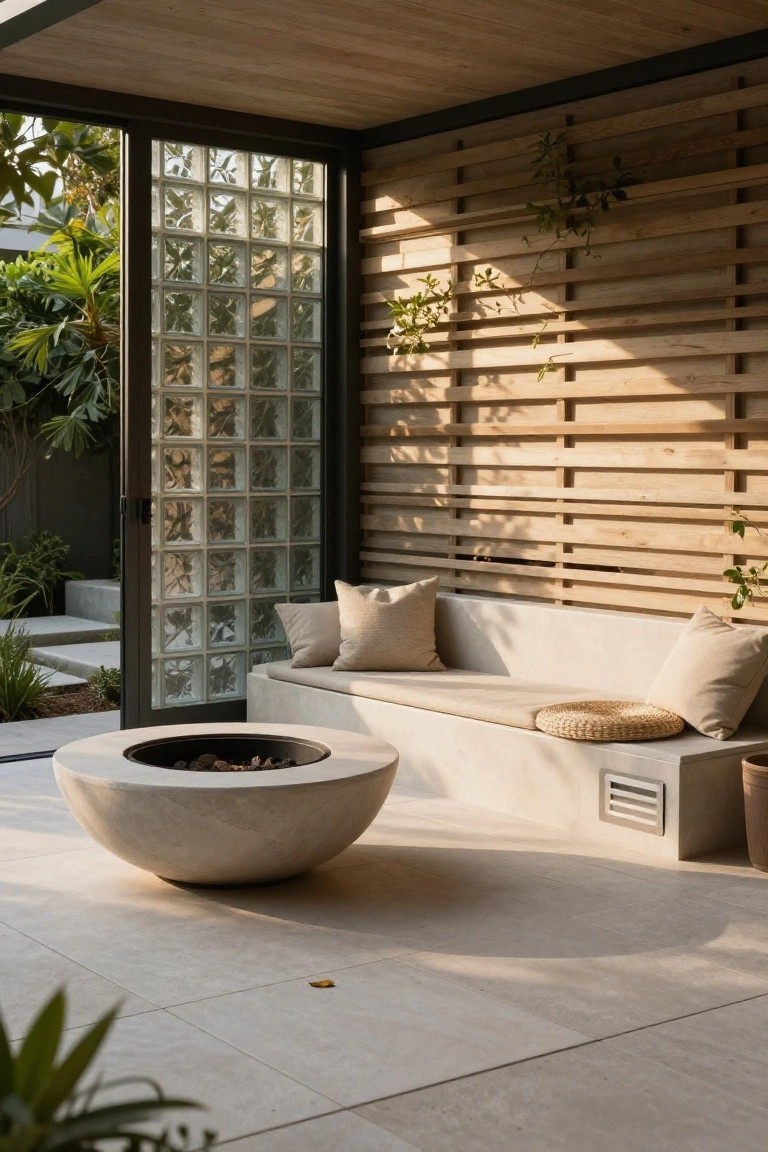 18 Chic Pool Cabana Ideas That Bring Resort Energy Home Outdoor covered lounge area featuring a round concrete fire pit with flames, built-in concrete bench with beige cushions and pillows, wood slat screen wall, glass block privacy wall with open sliding door, potted plants, and polished concrete floor.