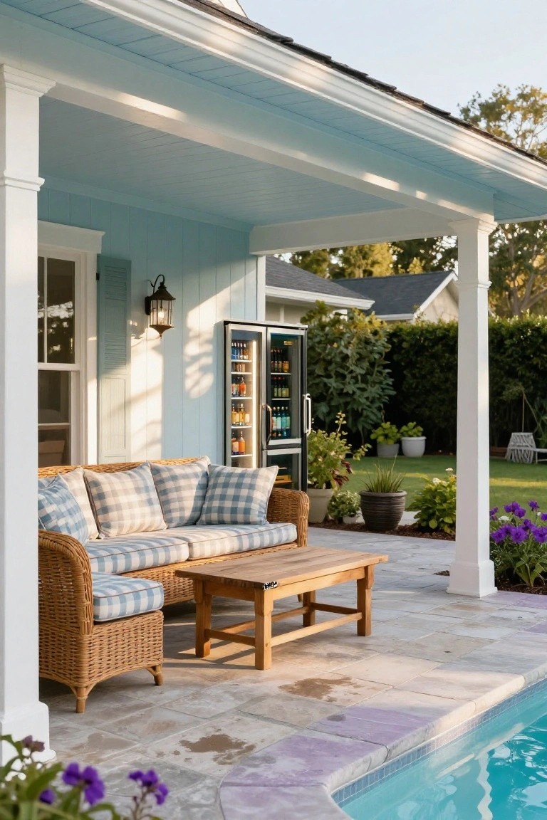 18 Chic Pool Cabana Ideas That Bring Resort Energy Home Light blue cabana porch with white columns under a covered roof, wicker sofa with blue-and-white check cushions, wooden coffee table, glass-door beverage fridge stocked with drinks, potted plants, and edge of turquoise swimming pool on tiled patio.