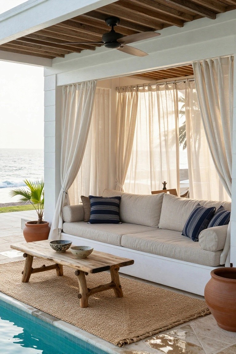 18 Chic Pool Cabana Ideas That Bring Resort Energy Home Poolside cabana featuring a beige sofa with blue striped pillows, rustic wood coffee table with ceramic bowls on seagrass rug, surrounded by sheer white curtains, potted plants, ceiling fan, and adjacent swimming pool with ocean view.