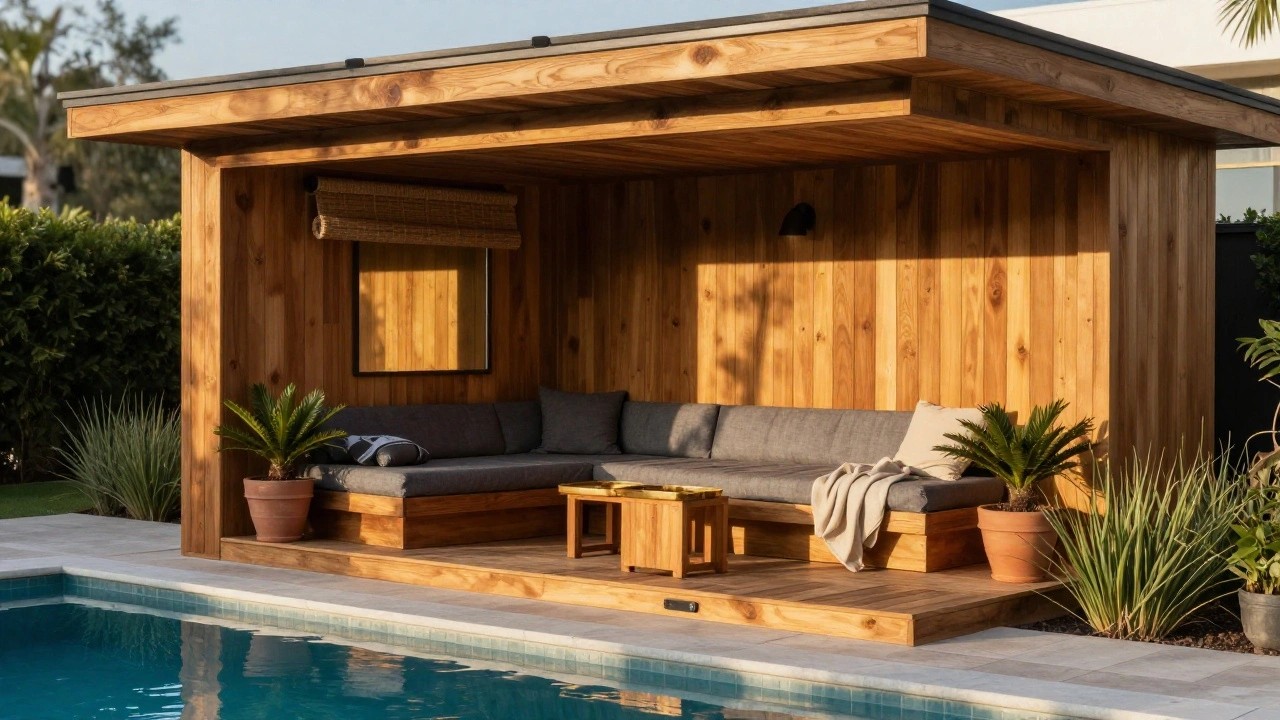 Wooden pergola on a raised deck next to a pool, featuring gray sofa with pillows and throw, bamboo privacy screens, potted plants, and wood side tables.