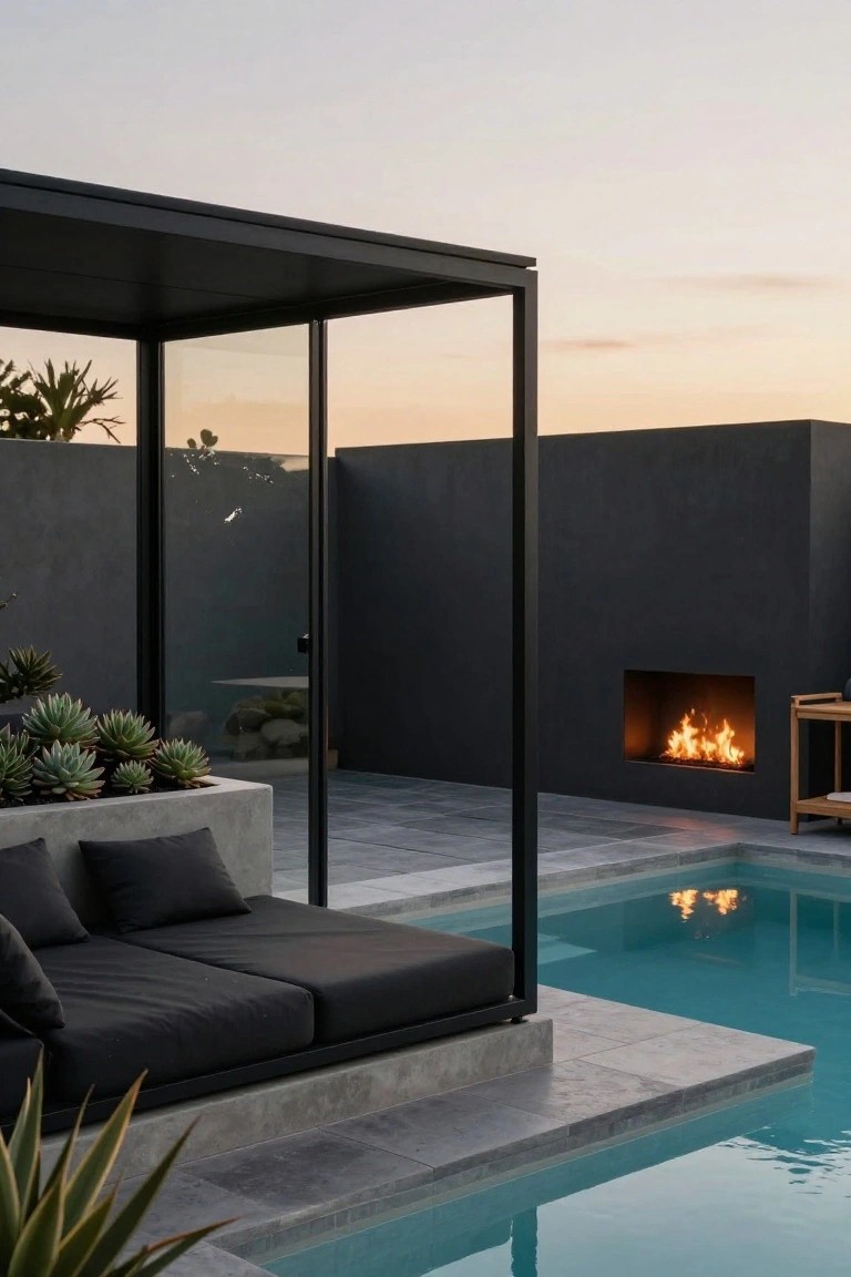 18 Chic Pool Cabana Ideas That Bring Resort Energy Home Black metal-framed glass pavilion enclosing a low gray daybed next to a turquoise pool, with a recessed wall fire pit, potted succulents, and sunset sky.