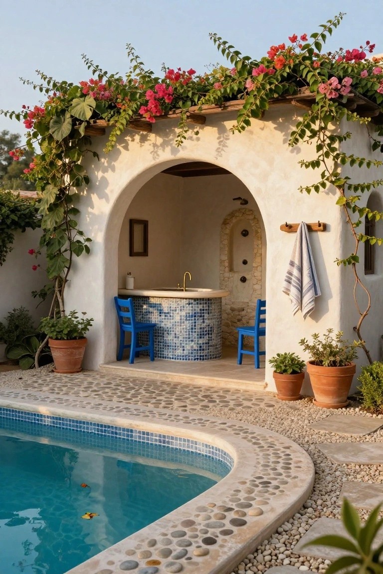 18 Chic Pool Cabana Ideas That Bring Resort Energy Home Arched outdoor cabana with white stucco walls covered in pink bougainvillea, blue tiled bar counter and stools, hanging towel, potted plants, and curved blue pool edged in pebbles.