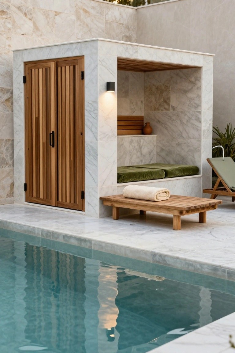 18 Chic Pool Cabana Ideas That Bring Resort Energy Home Modern outdoor pool cabana with white marble walls and wooden slatted double doors, built-in wooden benches with green cushions inside, low wooden table with folded towel outside, lounge chair nearby, and swimming pool in foreground.