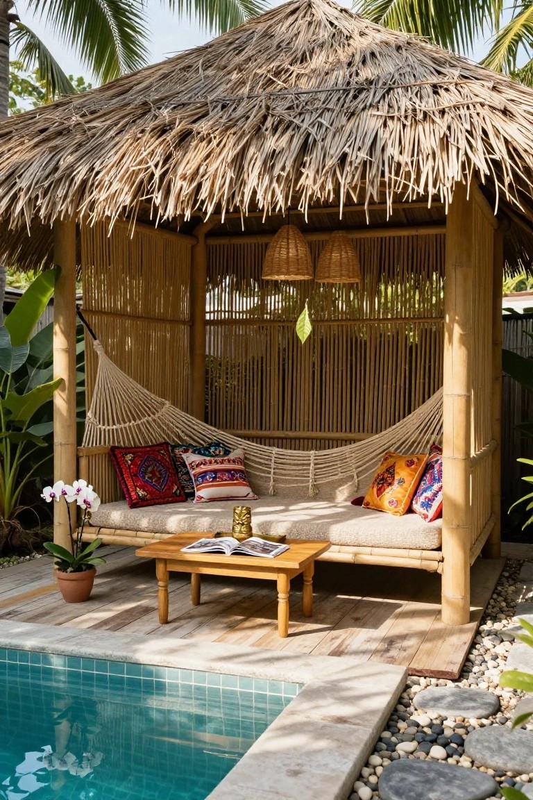 18 Chic Pool Cabana Ideas That Bring Resort Energy Home Bamboo and thatch cabana with hanging white hammock, colorful cushions on bench, wooden table with book, potted orchid, beside turquoise pool with pebble path and tropical plants.