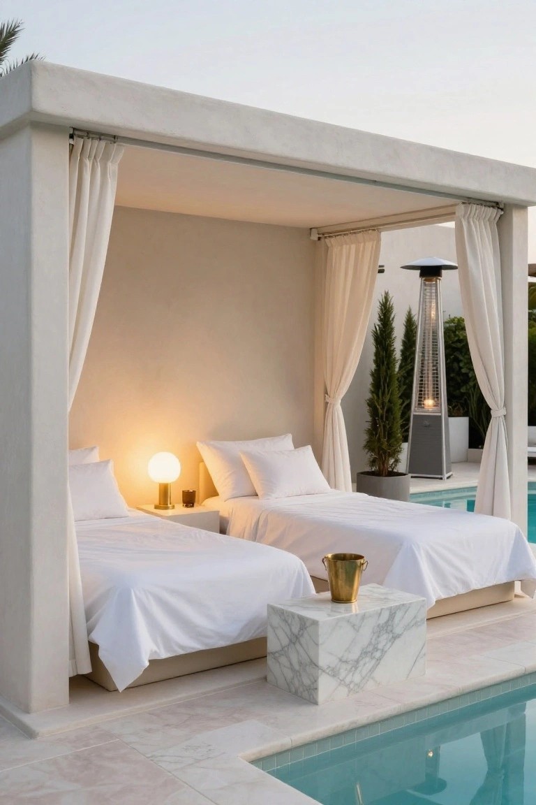 18 Chic Pool Cabana Ideas That Bring Resort Energy Home Poolside cabana with two white twin daybeds on raised platforms, marble side table holding brass bucket and lamp, sheer white curtains on stucco structure, potted cypress trees, patio heater, and turquoise pool adjacent.