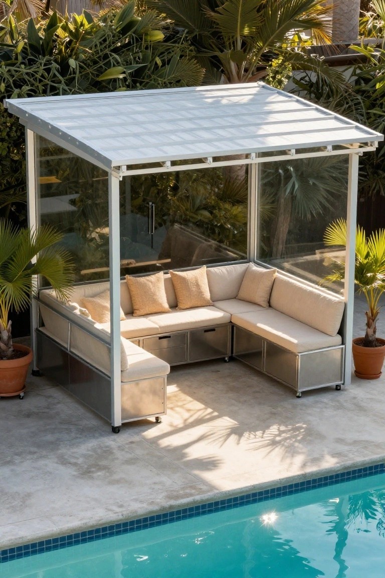 18 Chic Pool Cabana Ideas That Bring Resort Energy Home White metal-frame cabana with glass walls and slatted roof enclosing beige L-shaped sofa seating on concrete deck beside turquoise pool, with potted plants around.