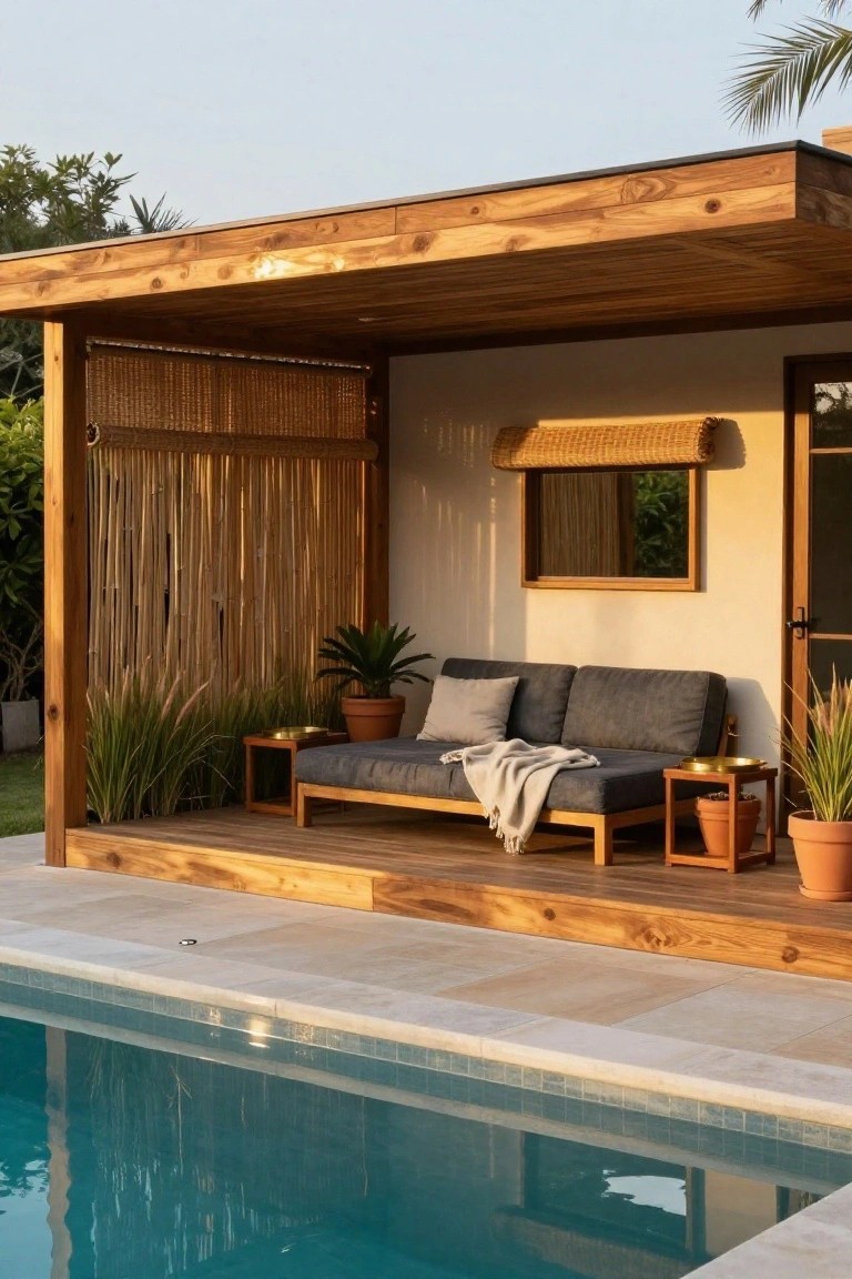 18 Chic Pool Cabana Ideas That Bring Resort Energy Home Wooden pergola on a raised deck next to a pool, featuring gray sofa with pillows and throw, bamboo privacy screens, potted plants, and wood side tables.