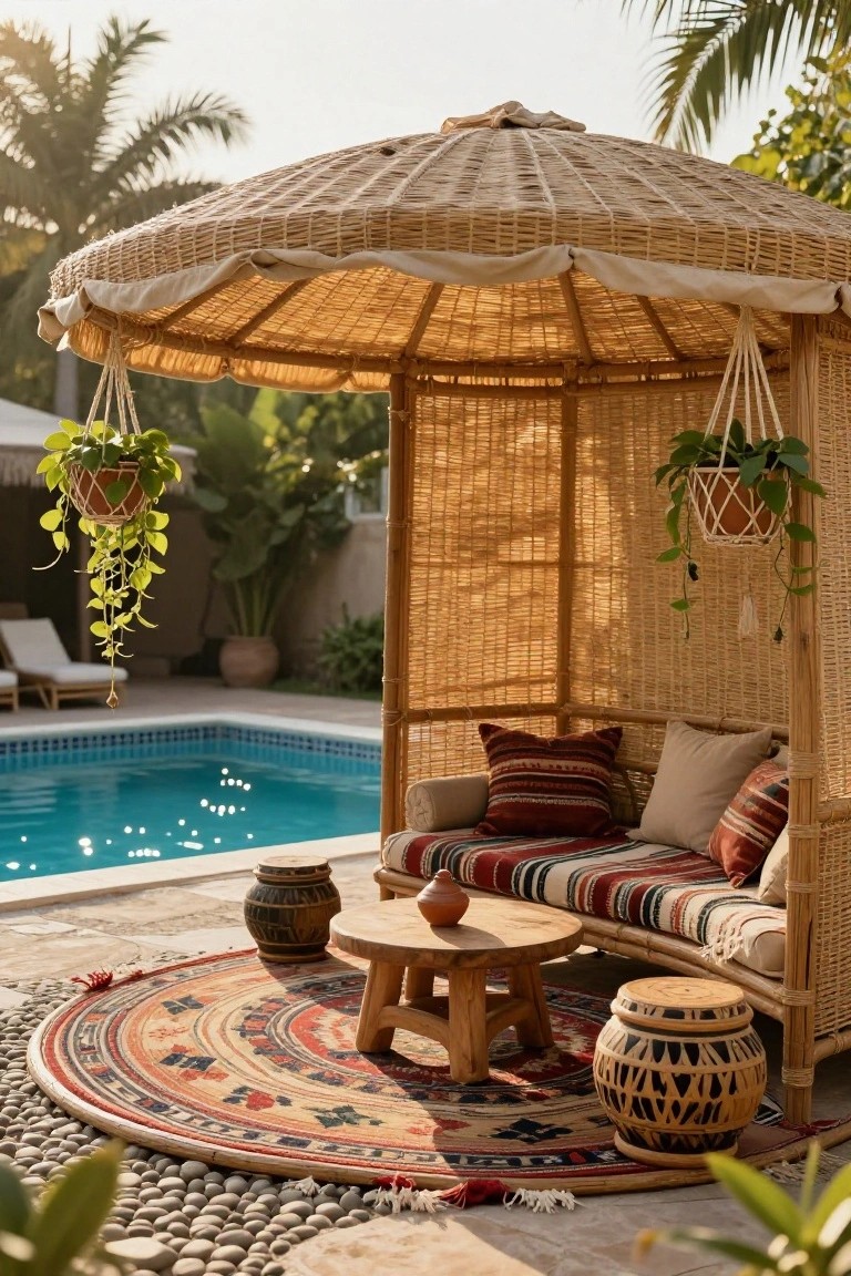 18 Chic Pool Cabana Ideas That Bring Resort Energy Home Woven rattan cabana with thatched roof and open sides sheltering a cushioned daybed, low wooden table, ceramic pots, and hanging plants on a pebble patio next to a turquoise pool surrounded by palms.