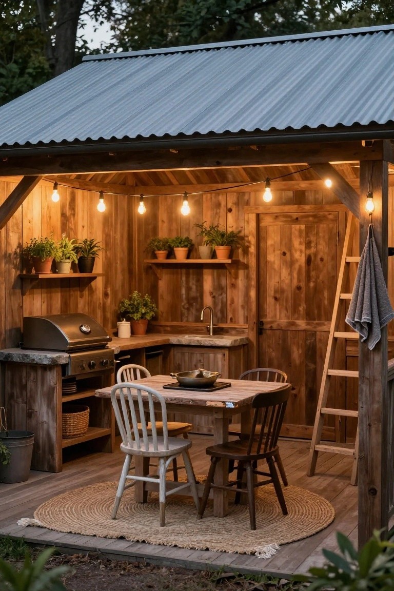 18 Chic Pool Cabana Ideas That Bring Resort Energy Home Wooden-roofed outdoor cabana with stainless steel grill on stone base, sink countertop, wooden dining table and chairs, potted plants on shelves, string lights, ladder, and towel on deck surrounded by greenery.