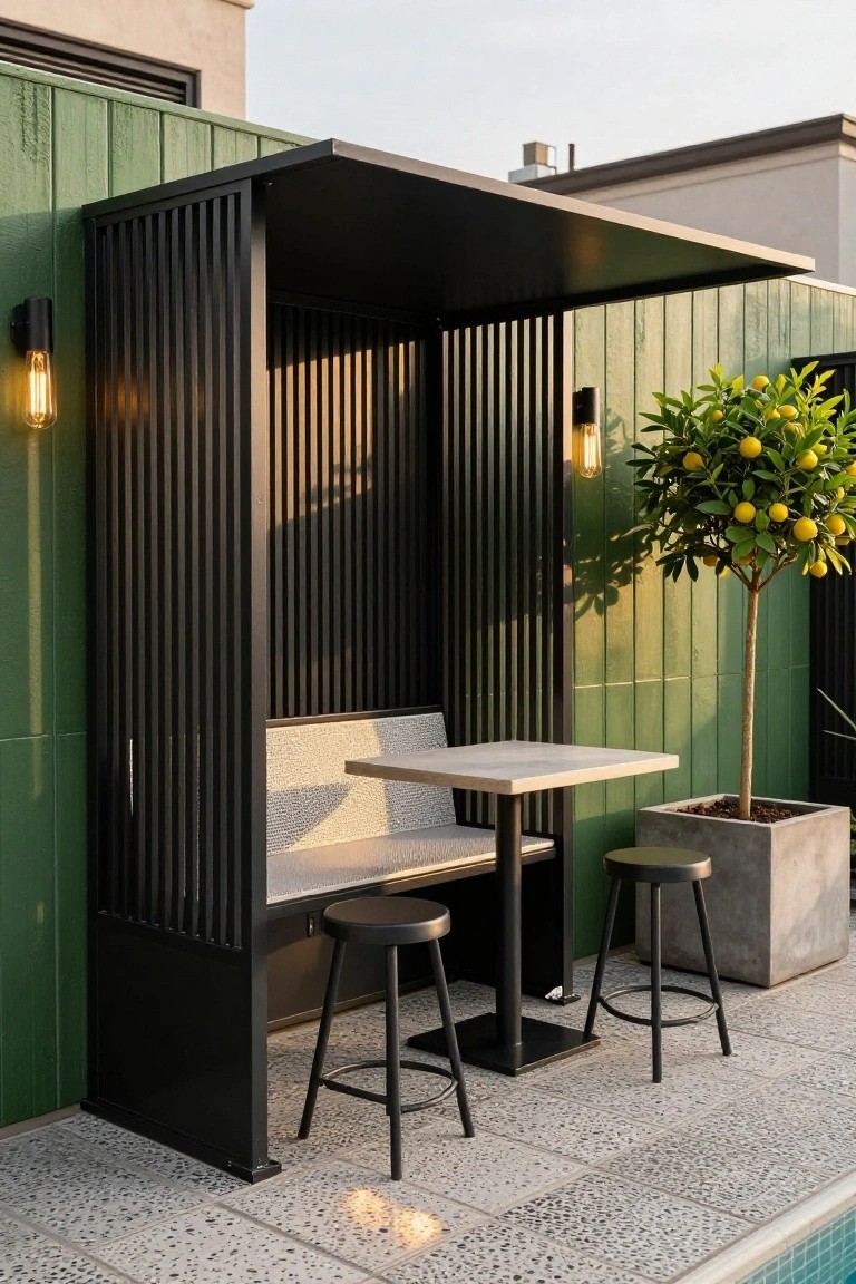 18 Chic Pool Cabana Ideas That Bring Resort Energy Home Black metal slatted cabana structure with cushioned bench, white table, black stools, wall-mounted Edison bulb lights, potted lemon tree, against green wall next to pebble patio and pool.