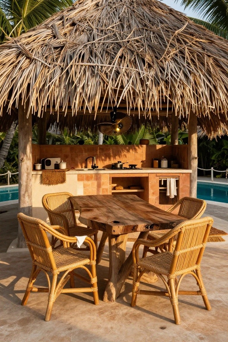 18 Chic Pool Cabana Ideas That Bring Resort Energy Home Thatched-roof outdoor cabana with terracotta counter kitchen, black faucet, cookware, wooden dining table, and rattan chairs next to a swimming pool amid palm trees.