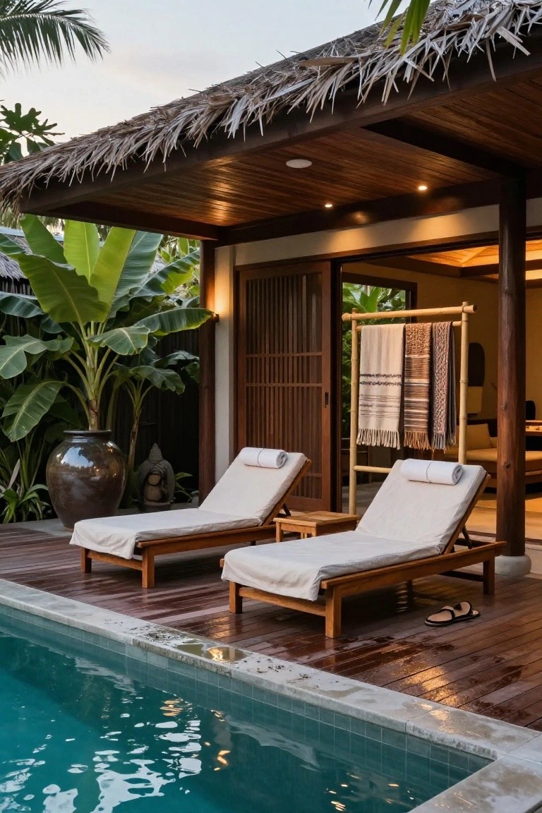 18 Chic Pool Cabana Ideas That Bring Resort Energy Home Thatched Cabana Over Pool Loungers