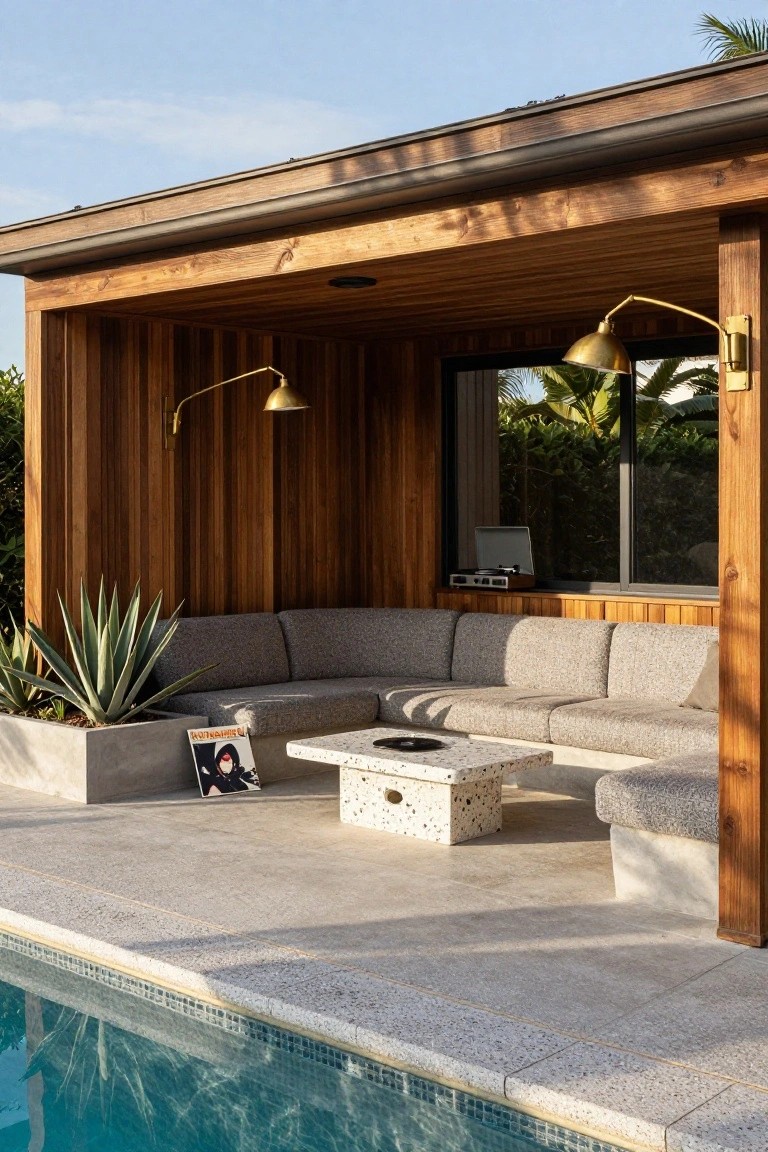 18 Chic Pool Cabana Ideas That Bring Resort Energy Home Wood-paneled outdoor cabana with gray L-shaped sectional sofa, speckled terrazzo coffee table, potted agave plant, gold wall lamps, and edge of blue swimming pool.