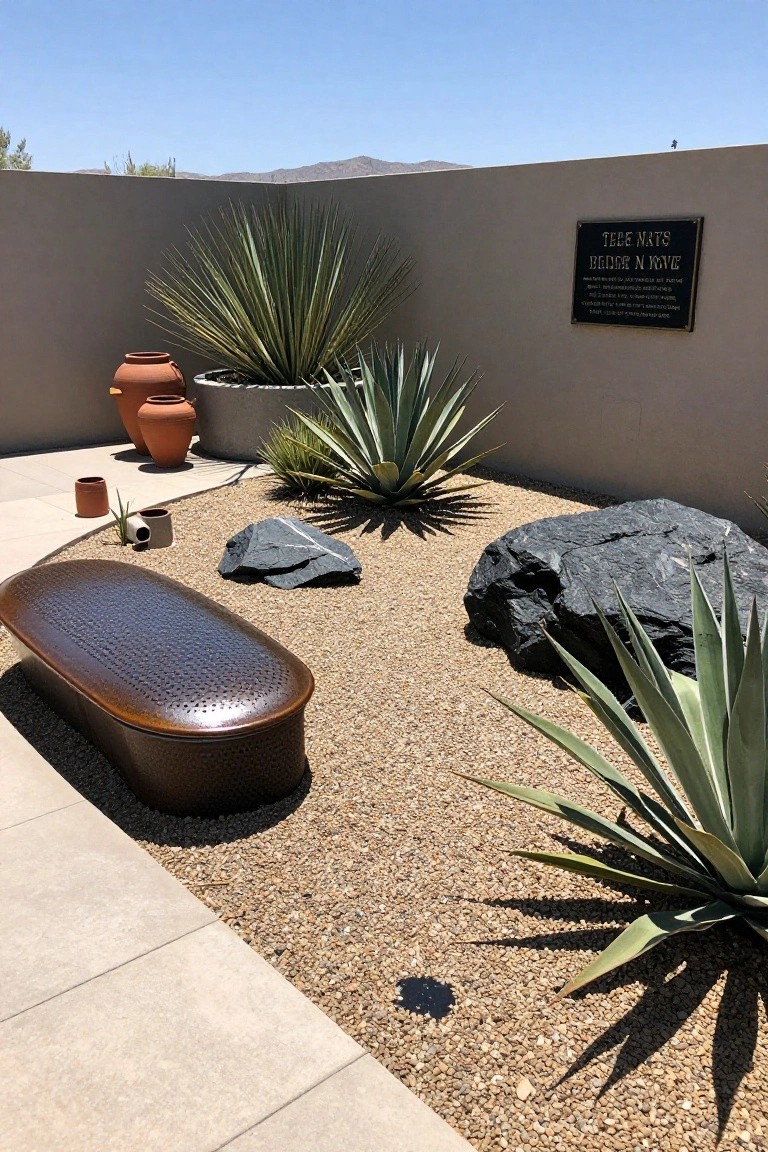 Oval bronze hammered metal bench with lid on tan gravel ground surrounded by agave plants, black rocks, terracotta pots, and a beige stucco wall in a sunny desert garden with distant mountains.
