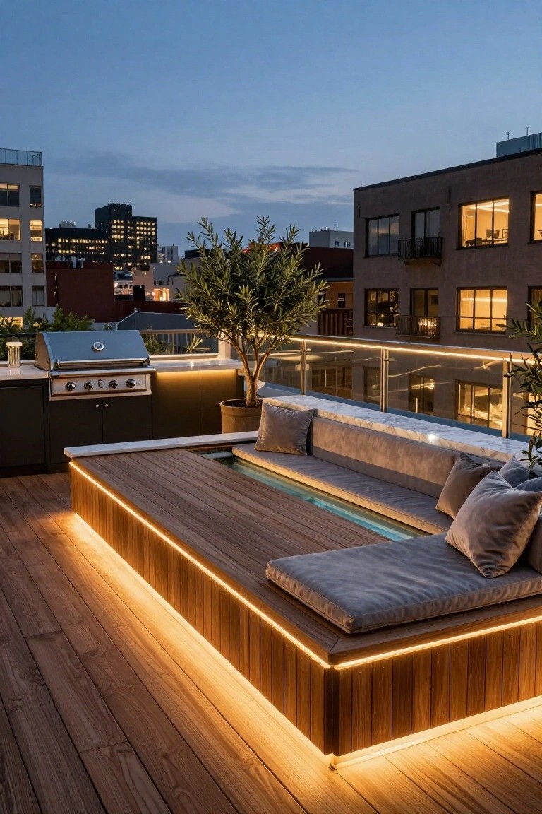 Rooftop deck with built-in wooden bench seating over a narrow lit water channel, barbecue grill, potted olive tree, and surrounding glass railing at dusk with city buildings in background.