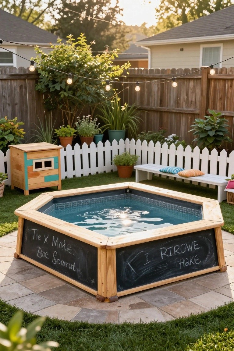 Hexagonal above-ground stock tank pool framed in wood with chalkboard panels on the sides displaying handwritten messages, set in a backyard with plants, white picket fence, wooden bench, and string lights.