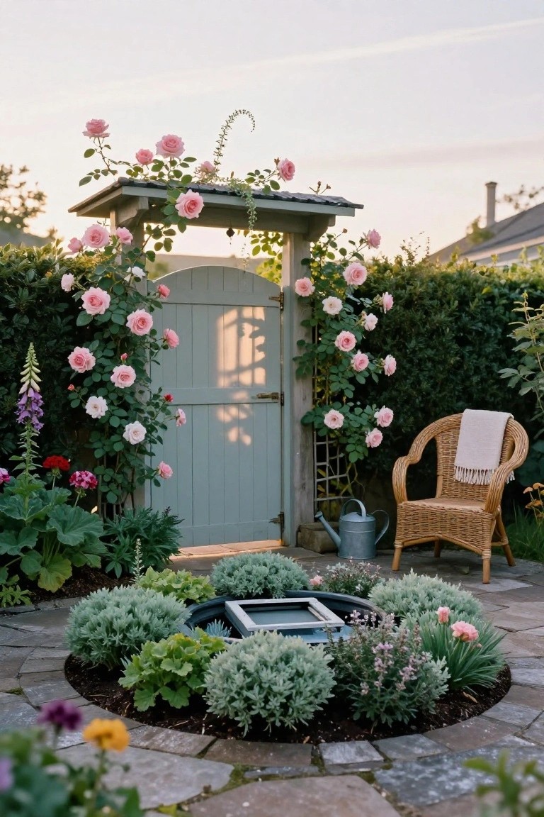 Arched wooden garden gate covered in pink climbing roses beside a circular stone patio with central round basin fountain surrounded by low green plants and a wicker chair with throw blanket nearby.