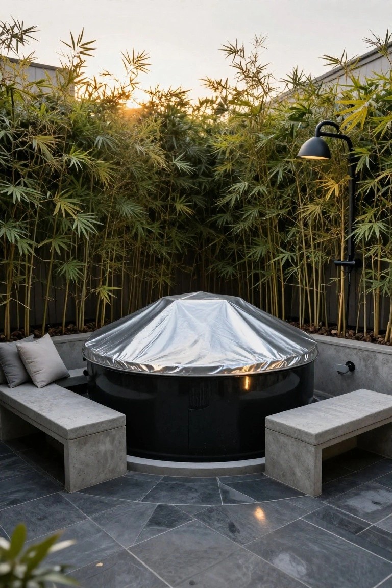 Round black hot tub with shiny silver dome cover centered on slate tile patio, flanked by concrete benches and surrounded by dense green bamboo plants with black outdoor lamp nearby.