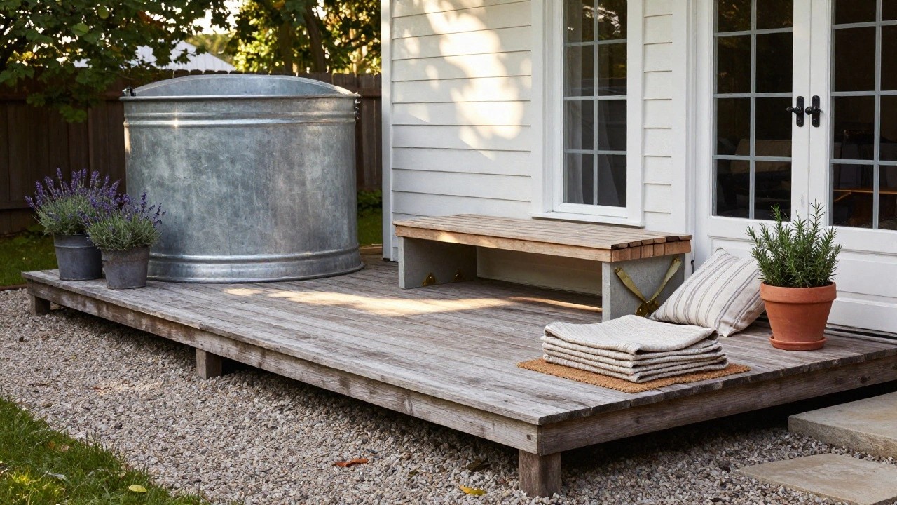 Galvanized metal stock tank pool raised on a wooden platform with surrounding wooden benches in a gravel backyard near a gray shed and potted plants.