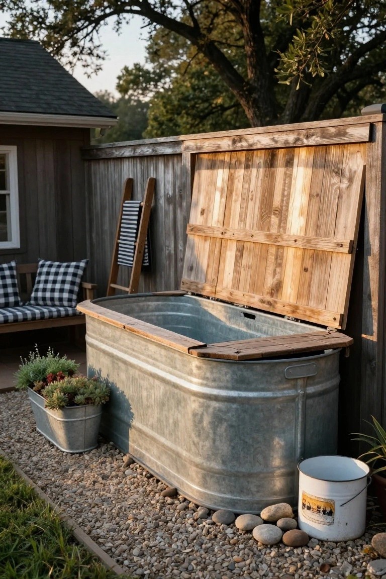 Galvanized stock tank pool in backyard with open hinged wooden lid, gravel path, metal plant buckets, wooden ladder and bench with checkered pillows, near fence and shed.