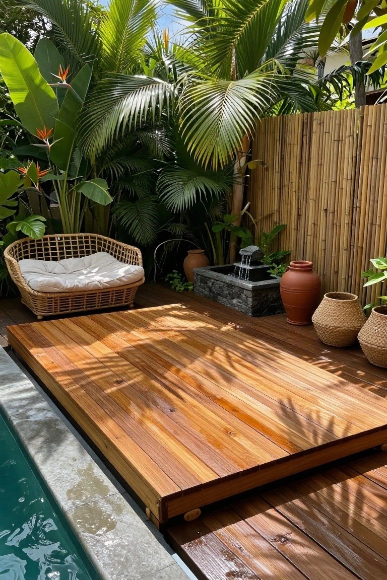Raised wooden deck platform adjacent to an in-ground pool edge, with a curved rattan lounge chair, stone water fountain, terracotta pots, and lush tropical plants against a bamboo fence.