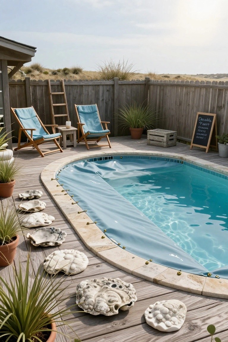 Oval stock tank pool on a wooden deck partially covered by a blue tarp secured with brass eyelets, surrounded by seashells, potted plants, blue lounge chairs, and a wooden fence with dunes beyond.
