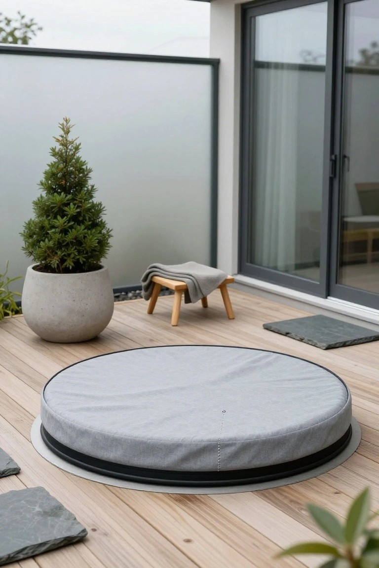 Round gray fabric-covered cushion with black edging on a wooden deck balcony, next to a potted small evergreen tree, wooden stool with gray blanket, slate tiles, frosted glass panels, and gray-framed sliding doors.