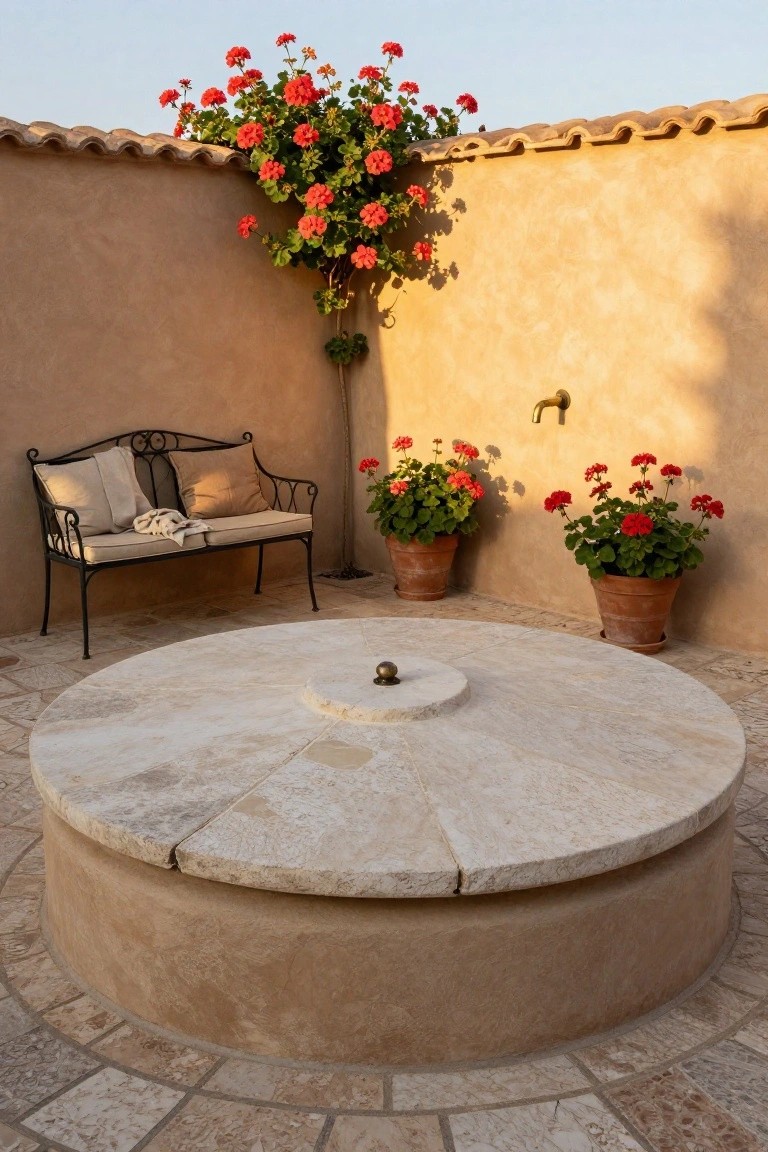 Outdoor patio with beige adobe walls, climbing red geraniums, two potted red geranium plants, wrought iron bench with beige cushions and throw, and central round beige stone pedestal table with brass faucet spout.