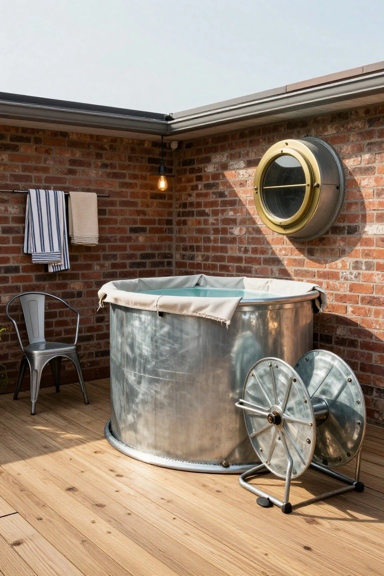 Galvanized metal stock tank pool with beige fabric cover on wooden deck, brick wall with porthole window nearby, hanging towels, metal chair, and hose reel stand.